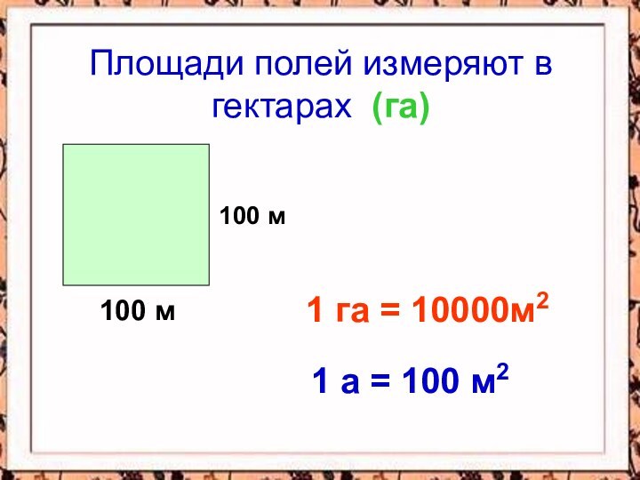Площади полей измеряют в гектарах (га)100 м100 м1 га = 10000м21 а = 100 м2