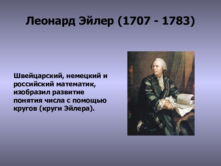 Леонард Эйлер (1707 - 1783)Швейцарский, немецкий и российский математик, изобразил развитие понятия числа с