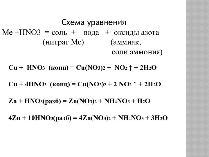 Схема уравненияМе +HNO3 = соль +  вода  + оксиды азота