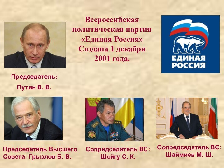 Сопредседатель ВС:Шойгу С. К.Сопредседатель ВС: Шаймиев М. Ш. Председатель:Путин В. В.Председатель Высшего Совета: Грызлов