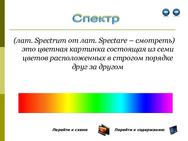 (лат. Spectrum от лат. Spectare – смотреть) это цветная картинка состоящая из семи цветов