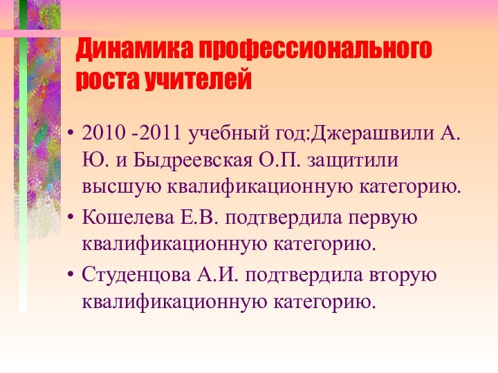 Динамика профессионального роста учителей2010 -2011 учебный год:Джерашвили А.Ю. и Быдреевская О.П. защитили высшую квалификационную