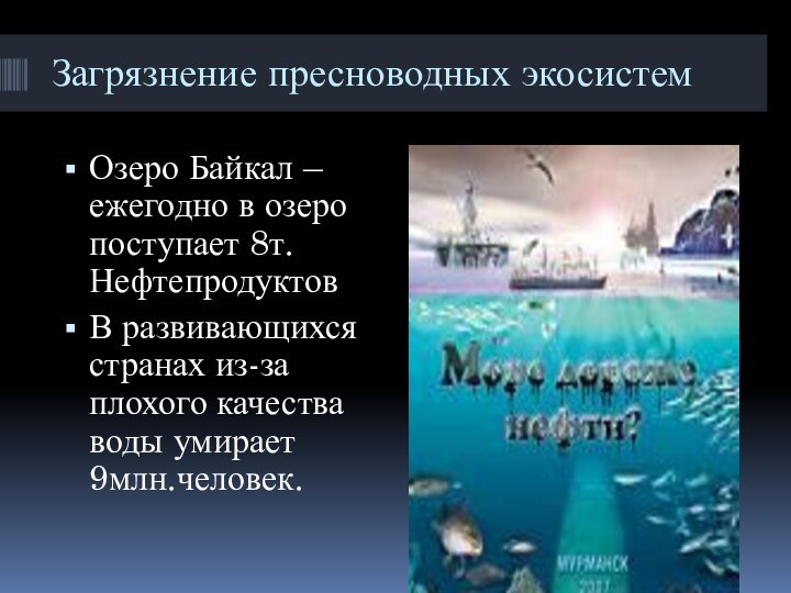Загрязнение пресноводных экосистемОзеро Байкал – ежегодно в озеро поступает 8т. НефтепродуктовВ развивающихся странах из-за