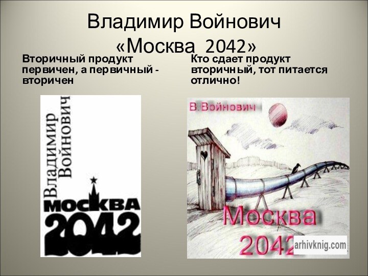 Владимир Войнович  «Москва 2042» Вторичный продукт первичен, а первичный - вториченКто сдает