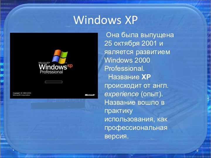 Windows XP* Она была выпущена 25 октября 2001 и является развитием Windows 2000 Professional.