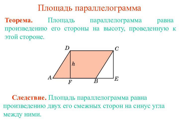 Площадь параллелограммаТеорема. Площадь параллелограмма равна произведению его стороны на высоту, проведенную к этой стороне.