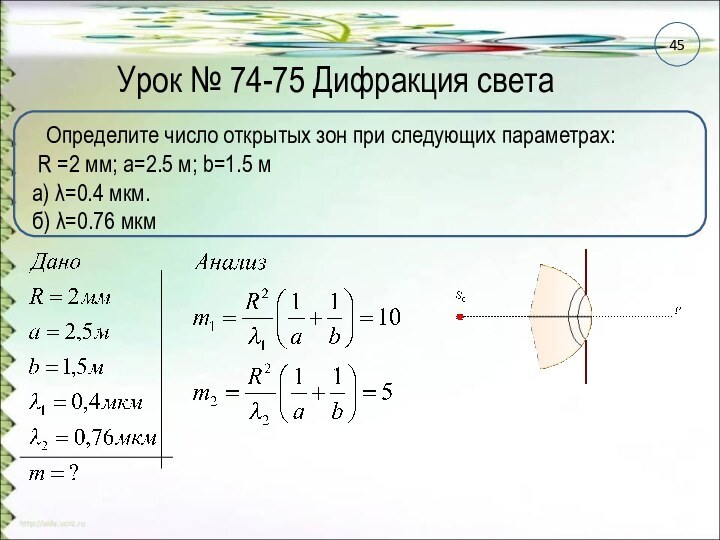 Урок № 74-75 Дифракция светаОпределите число открытых зон при следующих параметрах:  R =2