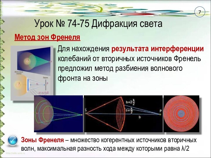 Урок № 74-75 Дифракция светаЗоны Френеля – множество когерентных источников вторичных волн, максимальная разность