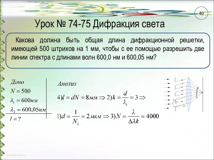 Урок № 74-75 Дифракция светаКакова должна быть общая длина дифракционной решетки, имеющей 500 штрихов