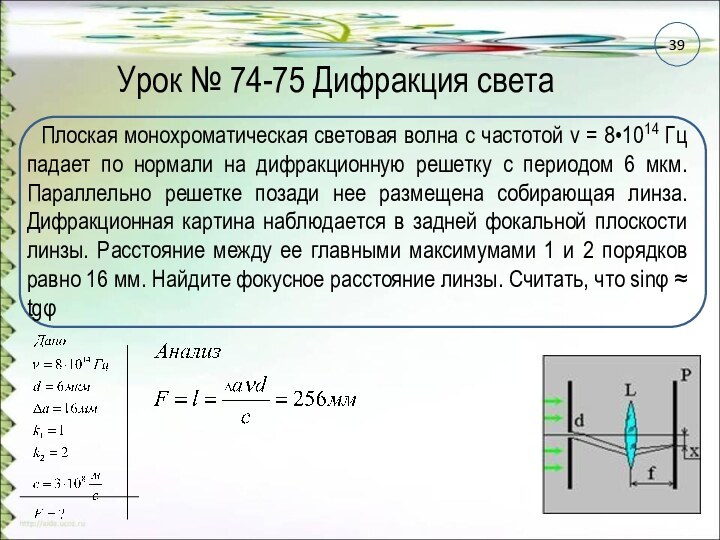 Урок № 74-75 Дифракция светаПлоская монохроматическая световая волна с частотой ν = 8•1014 Гц