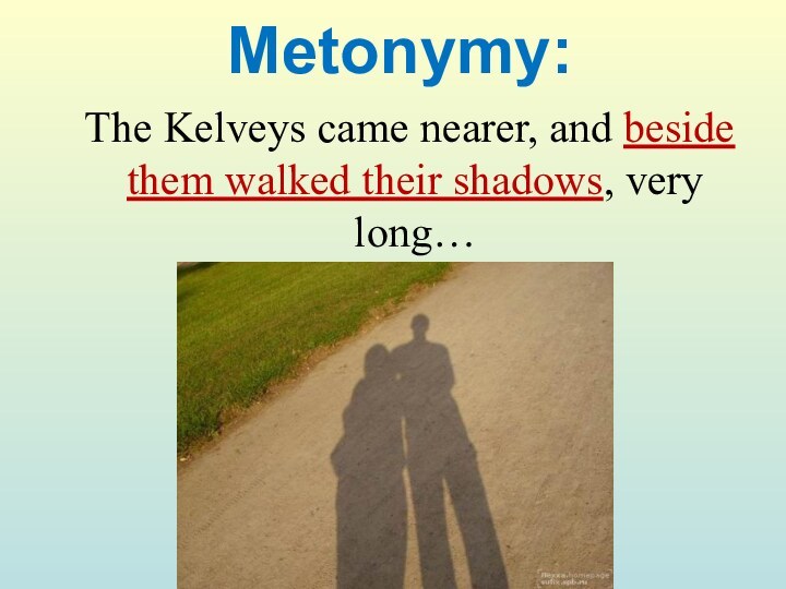 Metonymy: The Kelveys came nearer, and beside them walked their shadows, very long…