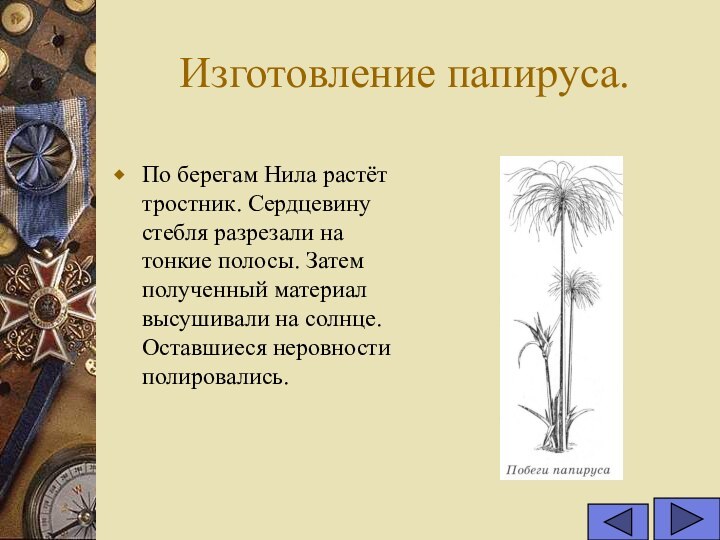 Изготовление папируса.По берегам Нила растёт тростник. Сердцевину стебля разрезали на тонкие полосы. Затем полученный