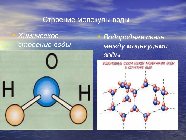 Строение молекулы водыХимическое строение воды Водородная связь