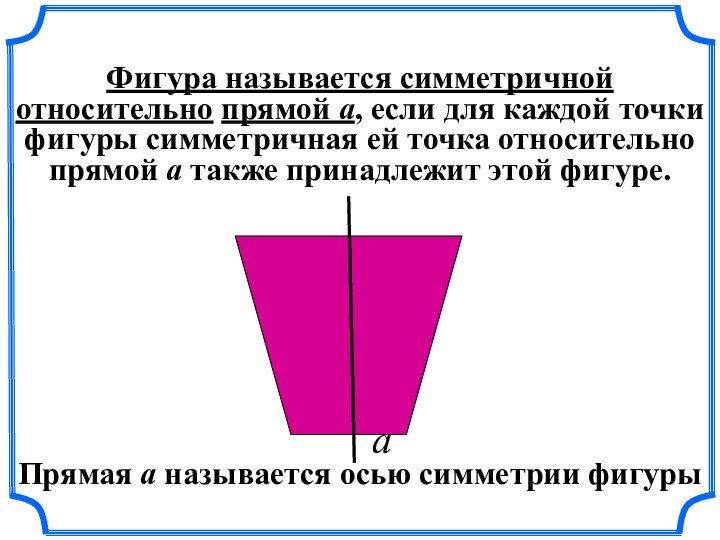 Фигура называется симметричной относительно прямой a, если для каждой точки фигуры симметричная ей точка относительно прямой а также принадлежит этой фигуре.аПрямая а называется осью симметрии фигуры