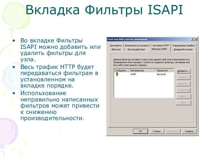 Вкладка Фильтры ISAPIВо вкладке Фильтры ISAPI можно добавить или удалить фильтры для узла.Весь трафик