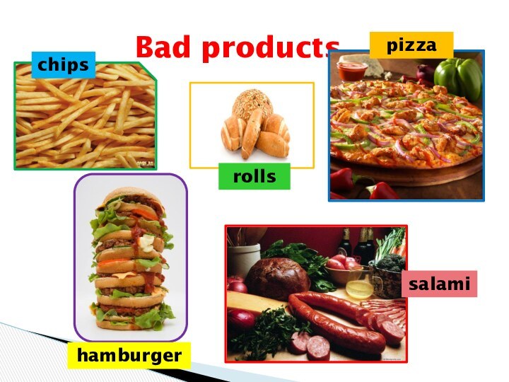 Bad productshamburgerpizzasalamirollschips