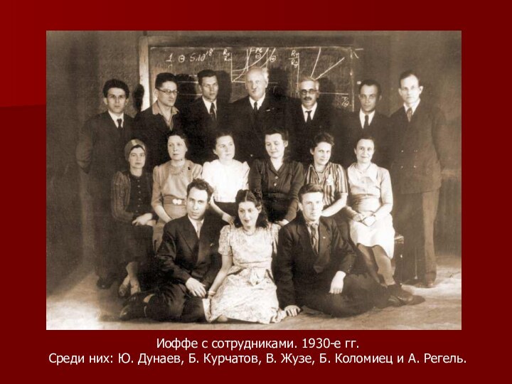 Иоффе с сотрудниками. 1930-е гг.  Среди них: Ю. Дунаев, Б. Курчатов, В. Жузе,