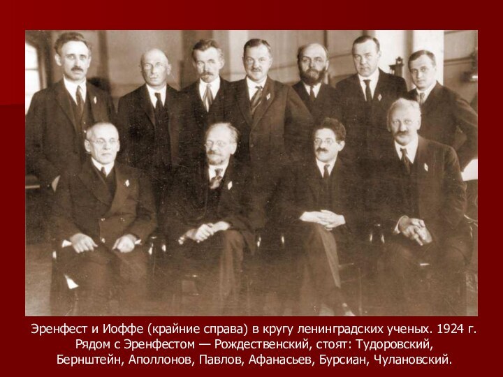 Эренфест и Иоффе (крайние справа) в кругу ленинградских ученых. 1924 г. Рядом с Эренфестом