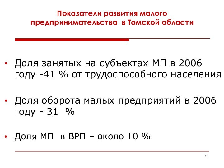 Показатели развития малого предпринимательства в Томской областиДоля занятых на субъектах МП в 2006 году