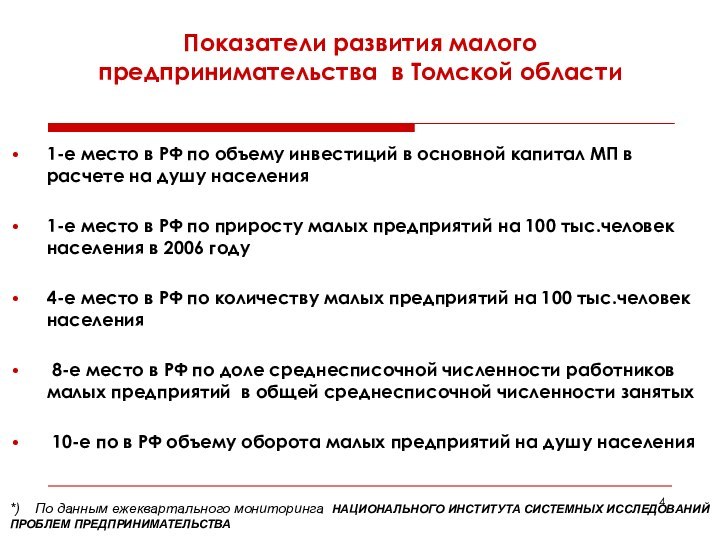 Показатели развития малого предпринимательства в Томской области1-е место в РФ по объему инвестиций в
