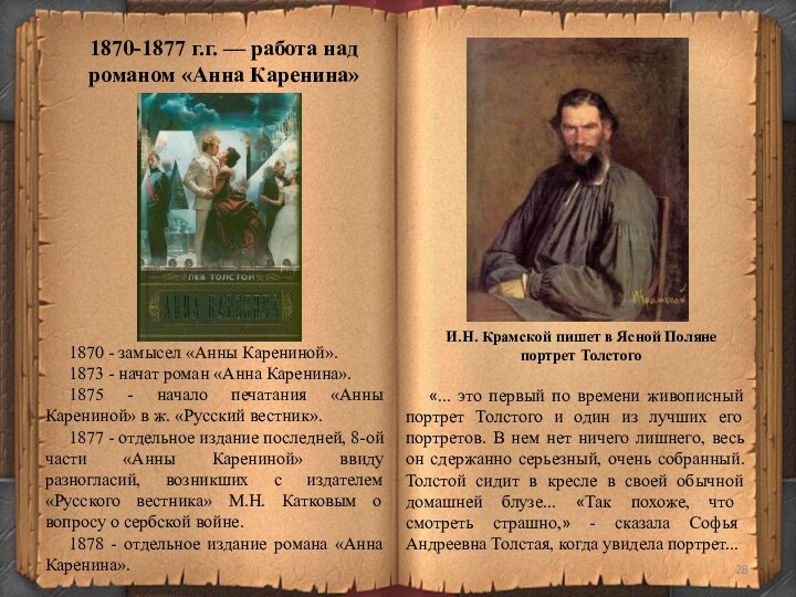 1870 - замысел «Анны Карениной».1873 - начат роман «Анна Каренина». 1875 - начало печатания