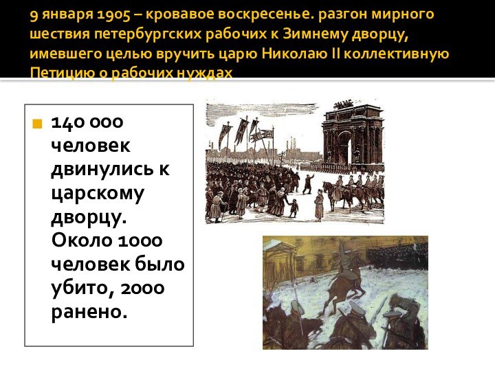 9 января 1905 – кровавое воскресенье. разгон мирного шествия петербургских рабочих к Зимнему дворцу,