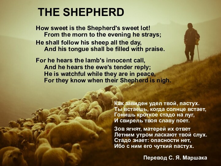 THE SHEPHERDHow sweet is the Shepherd's sweet lot! From the morn to the evening