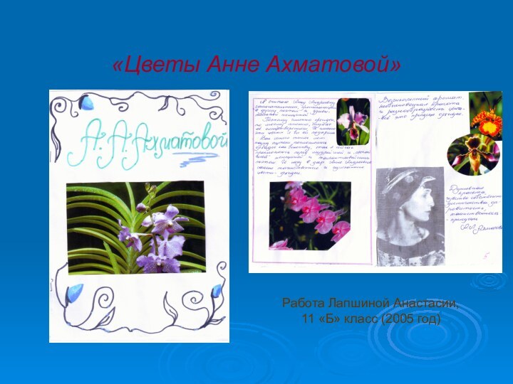 «Цветы Анне Ахматовой»Работа Лапшиной Анастасии,11 «Б» класс (2005 год)