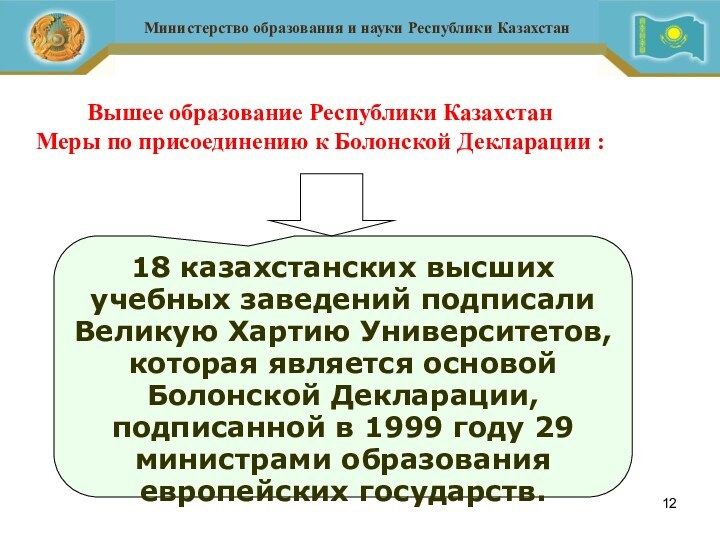 Вышее образование Республики КазахстанМеры по присоединению к Болонской Декларации :18 казахстанских высших