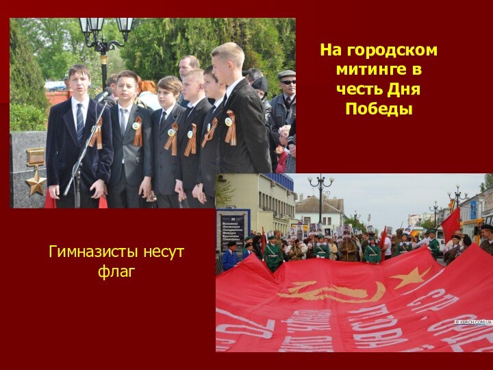 На городском митинге в честь Дня ПобедыГимназисты несут флаг