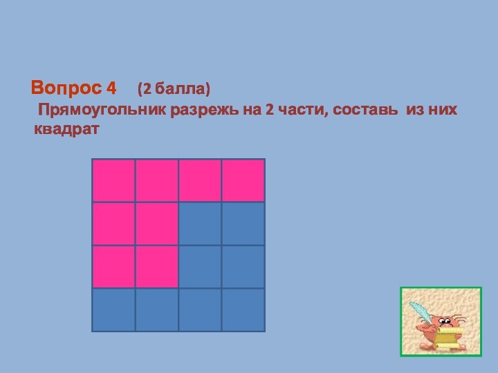 МатематикаВопрос 4   (2 балла) Прямоугольник разрежь на 2 части, составь из них квадрат