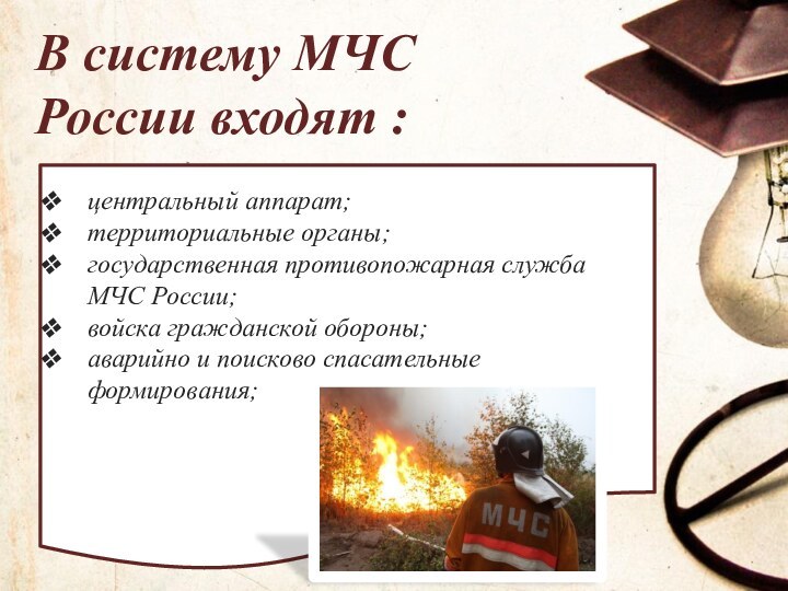 В систему МЧС России входят :центральный аппарат;территориальные органы;государственная противопожарная служба МЧС