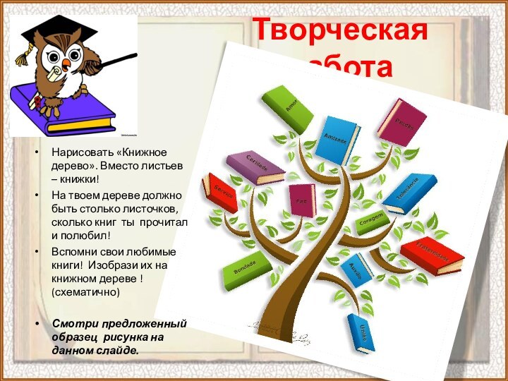 Творческая работаНарисовать «Книжное дерево». Вместо листьев – книжки!На твоем дереве должно быть