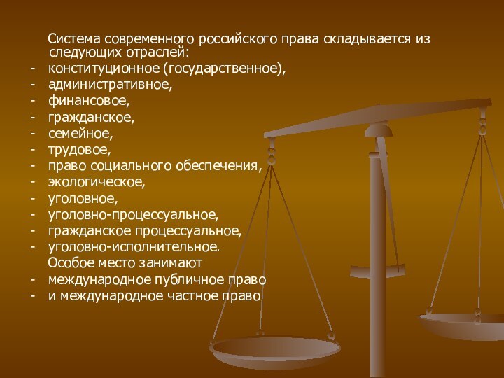 Система современного российского права складывается из следующих отраслей: -