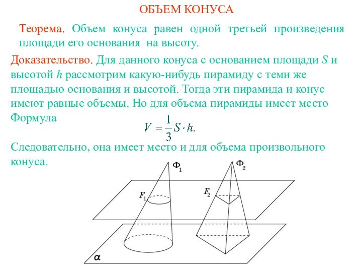 ОБЪЕМ КОНУСА Теорема. Объем конуса равен одной третьей произведения площади его основания