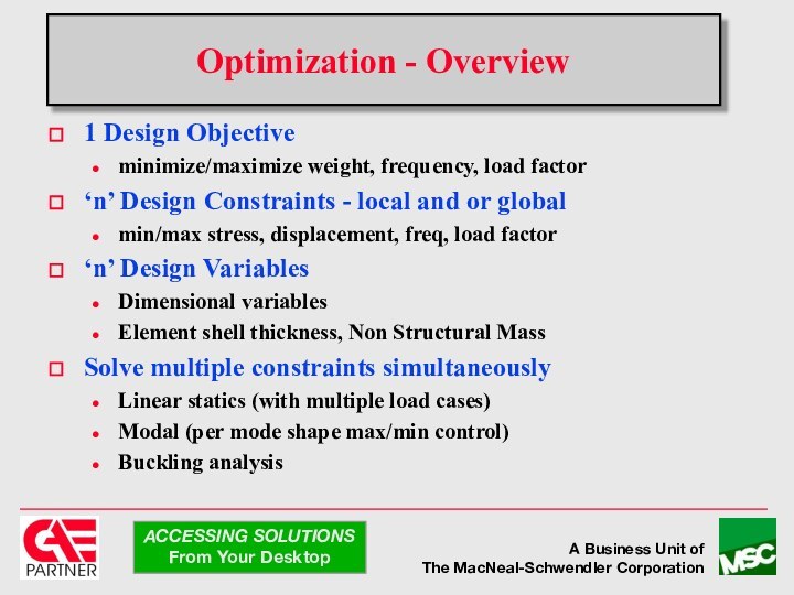 Optimization - Overview1 Design Objective minimize/maximize weight, frequency, load factor‘n’ Design