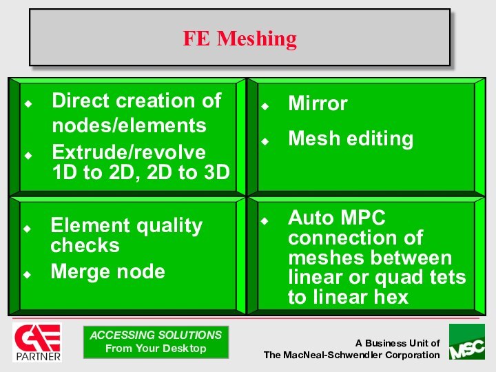 FE MeshingDirect creation of nodes/elementsExtrude/revolve 1D to 2D, 2D to 3DMirrorMesh editingElement