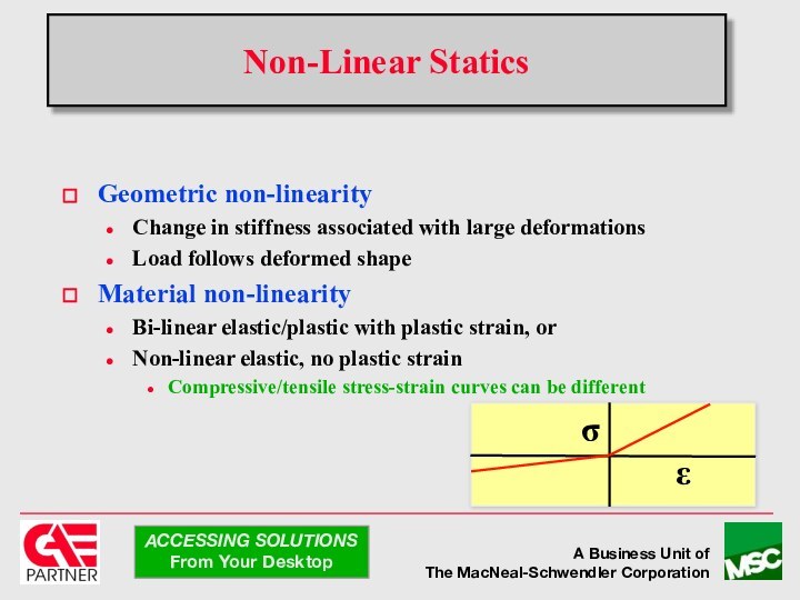 Non-Linear StaticsGeometric non-linearityChange in stiffness associated with large deformations Load follows deformed