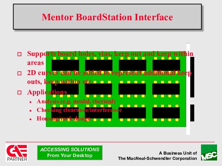 Mentor BoardStation InterfaceSupports board holes, vias, keep out and keep within areas2D