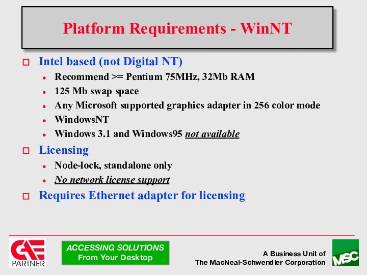 Intel based (not Digital NT)Recommend >= Pentium 75MHz, 32Mb RAM125 Mb swap