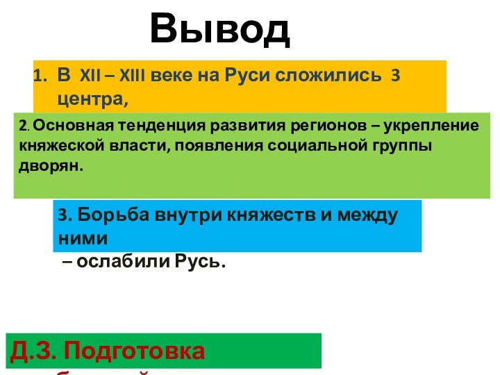ВыводыВ XII – XIII веке на Руси сложились 3 центра,которые могли стать