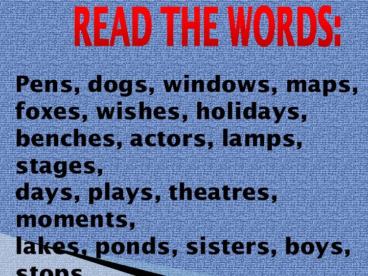 READ THE WORDS:Pens, dogs, windows, maps,foxes, wishes, holidays, benches, actors, lamps,