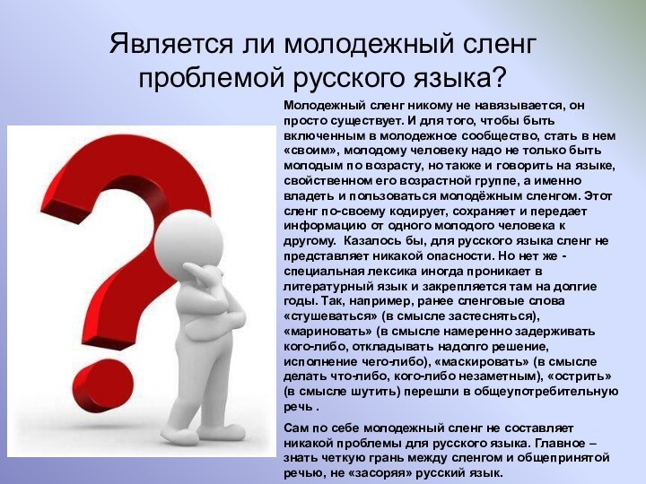 Является ли молодежный сленг проблемой русского языка?Молодежный сленг никому не навязывается, он
