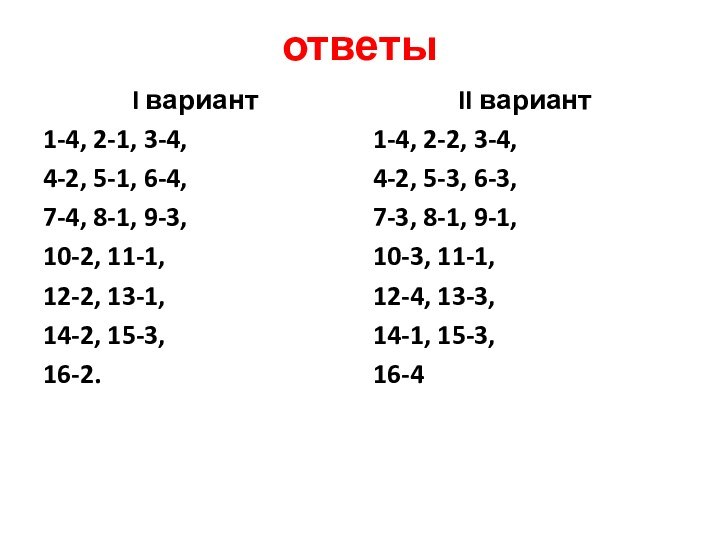 ответыI вариант1-4, 2-1, 3-4, 4-2, 5-1, 6-4, 7-4, 8-1, 9-3, 10-2, 11-1,