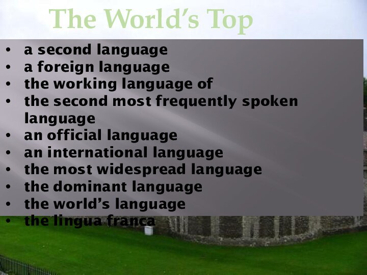 The World’s Top Tonguea second languagea foreign languagethe working language ofthe second