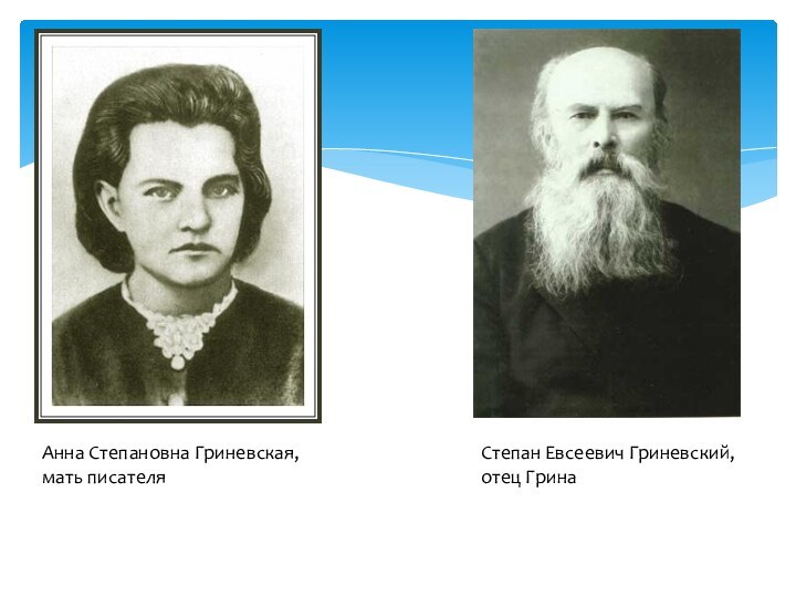 Анна Степановна Гриневская, мать писателяСтепан Евсеевич Гриневский, отец Грина