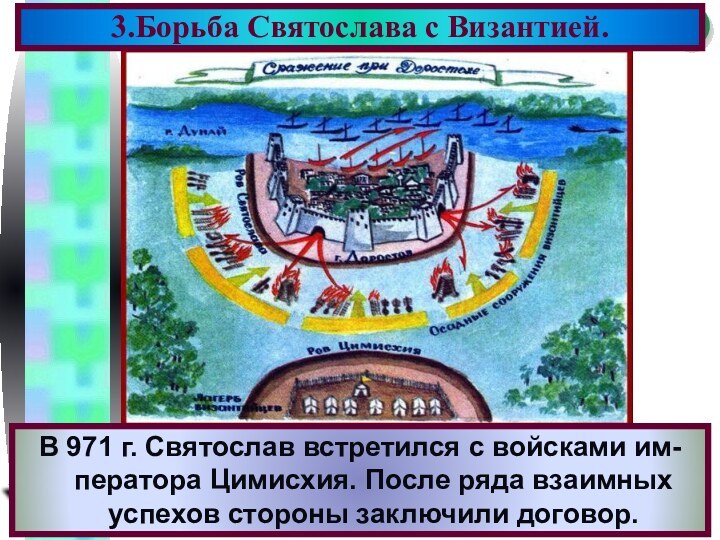 В 971 г. Святослав встретился с войсками им-ператора Цимисхия. После ряда