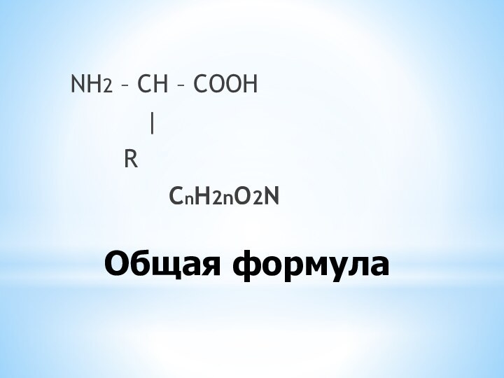 Общая формулаNH2 – CH – COOH     |	  R				СnH2nO2N
