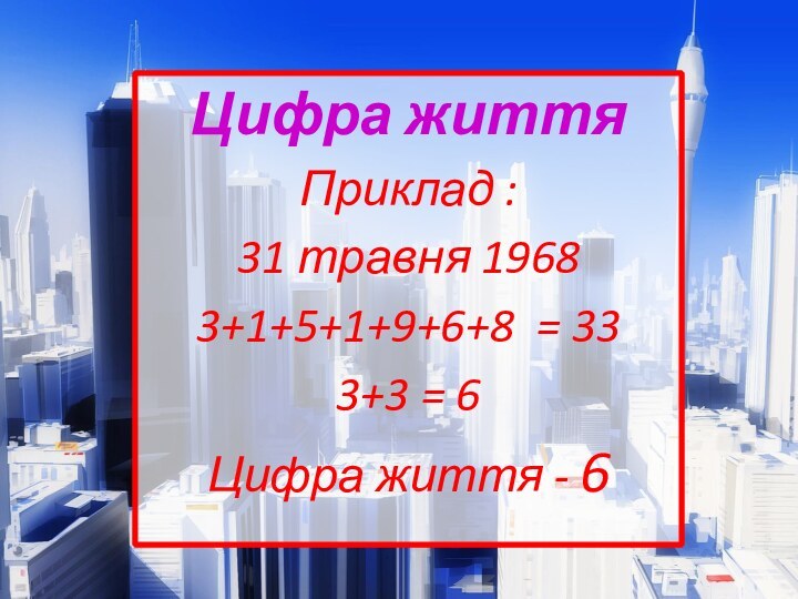 Цифра життя Приклад :31 травня 19683+1+5+1+9+6+8 = 333+3 = 6Цифра життя - 6