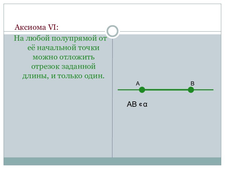 Аксиома VI:На любой полупрямой от её начальной точки можно отложить отрезок